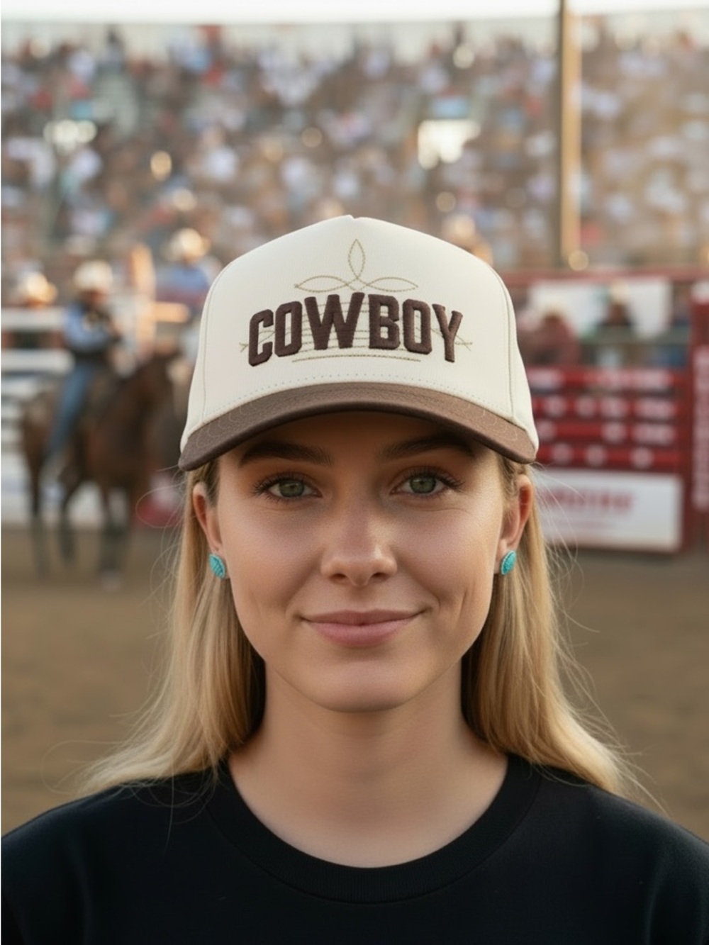 Brown Cowboy Boot Toe Stitch Embroidered Cream Baseball Snap Back Trucker Hat